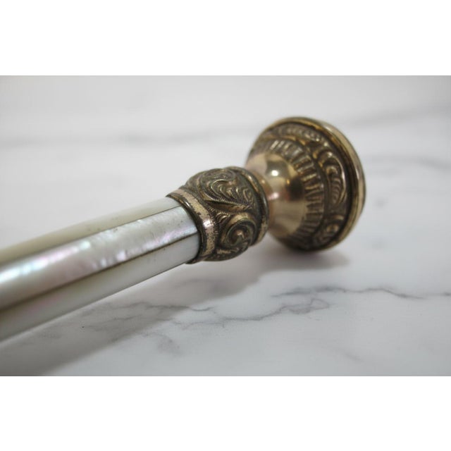 Early 20th Century Victorian Ornate Repousse Brass & Mother of Pearl Walking Stick Cane For Sale - Image 5 of 8