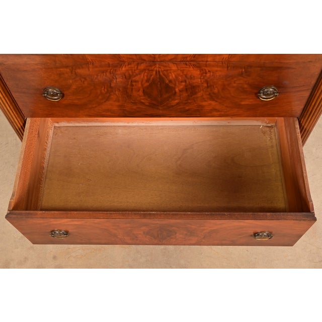 Brown Berkey & Gay Style Antique French Regency Louis XVI Carved Burled Walnut Highboy Dresser, Circa 1920s For Sale - Image 8 of 15