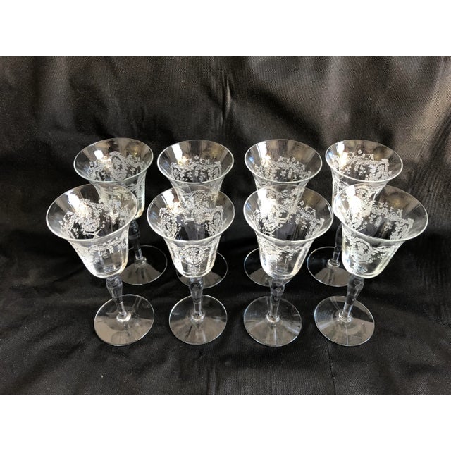 1930s Vintage Clear Etched Floral Design Sherry Glasses S/8 For Sale - Image 5 of 7
