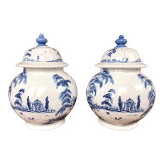 Pair of Juliska Country Estate “Garden Follies” Delft Blue Ginger Jars With Lids For Sale