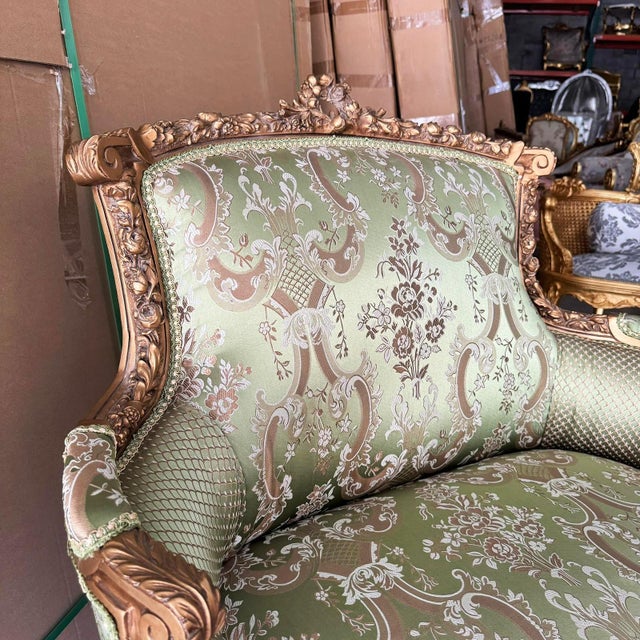 Textile Italian Style Wingback Chair – Military Green Damask Fabric, Gold Accents For Sale - Image 7 of 7