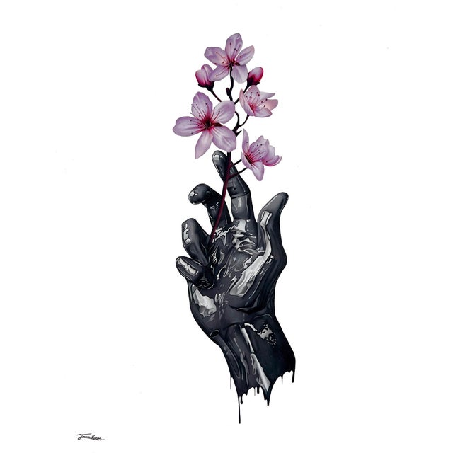 Divine Touch by Tanner Valant | Color Pencil on Paper Hand holding pink orchids For Sale