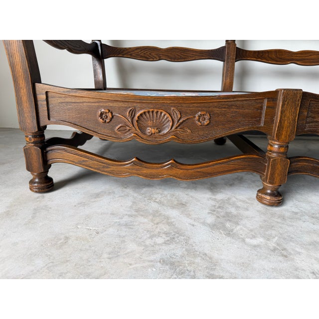1970s Vintage French Provincial Style Carved Oak Ladder-Back Sofa With Shell Details For Sale - Image 4 of 13