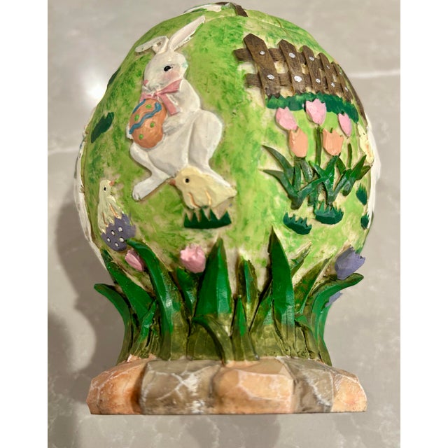 Plastic Hand Painted, Carved Resin Easter Egg With Bunny Garden Scenes For Sale - Image 7 of 9