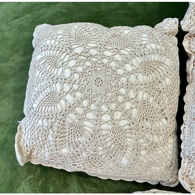 1980s Vintage Set of 6 Ivory Cotton Crochet Lace Flower Accent Pillows For Sale - Image 5 of 9