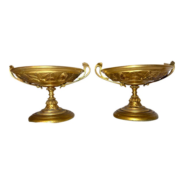 Pair of Antique 19th Century Gilt Bronze Wood Tazza Centerpiece Bowl Compote For Sale