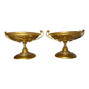 Pair of Antique 19th Century Gilt Bronze Wood Tazza Centerpiece Bowl Compote