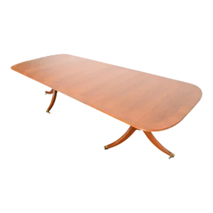 Baker Furniture Style Georgian Banded Cherry Wood Double Pedestal Extension Dining Table, Newly Refinished