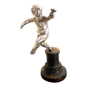 18thc French Antique Marked Figural Silvered Bronze Cherub W/ His Wine Cup - Sculpture on Wood Plinth