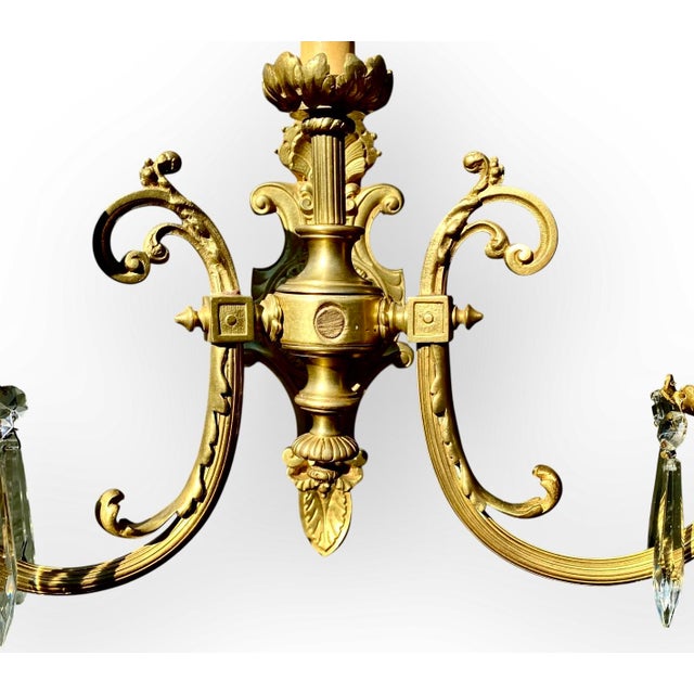 Antique French Gilt Bronze Three Light Sconce Black Silk Shades Crystal Prisms For Sale - Image 4 of 13