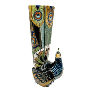 Late 20th Century Artesania Rinconada Ceramic Peacock Art Deco Pottery Vase For Sale