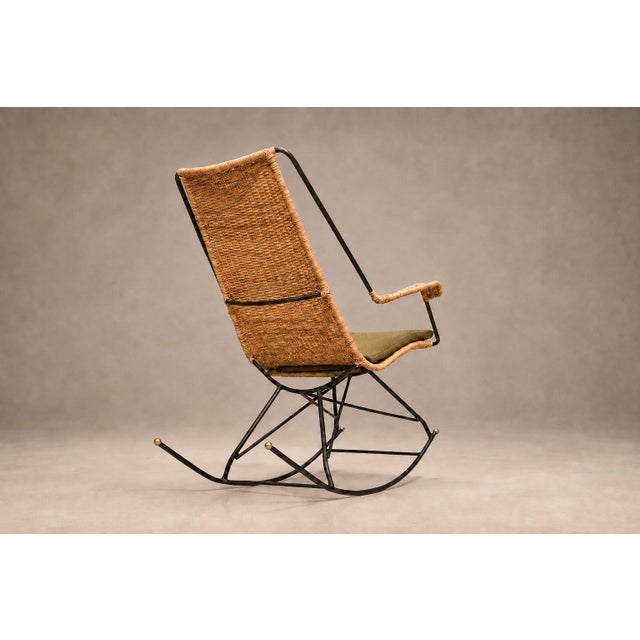 Brazilian Modern Rocking Chair in Metal, Wicker & Green Mohair by Carlo Hauner, 1950s For Sale - Image 15 of 18