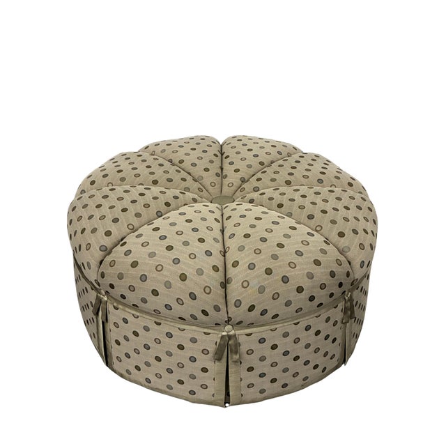 Distinctive round upholstered ottoman by Dapha Upholstered Furniture of High Point, North Carolina. The oversized 36-inch...