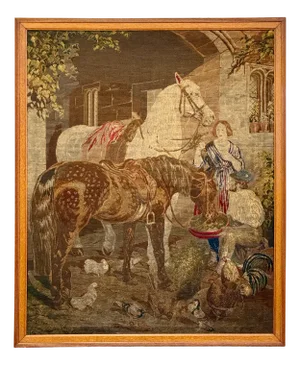Large Vintage Needlework Wall Hanging in Oak Frame, 1890s