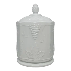 Mid 20th Century Harvest Milk Glass by Colony White Octagonal Shape Lidded Canister With Grapes Design