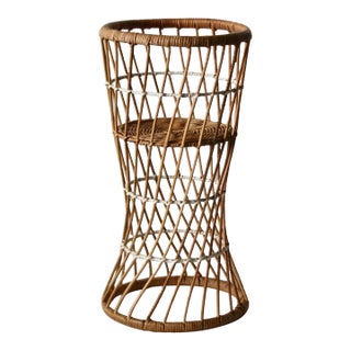 Vintage Italian Style Cylindrical Wicker Floor Basket Plant Stand For Sale