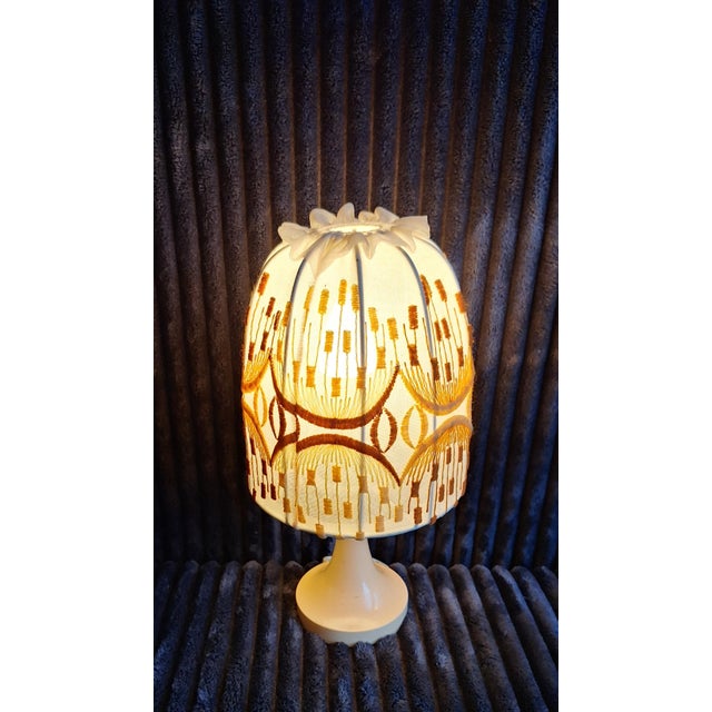 Vintage German Table Lamp with Cream-White Plastic Base and Multi-Colored Fabric Shade from Aro-Leuchten, 1970s For Sale - Image 3 of 9