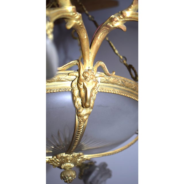 French Neoclassical Chandelier with Gilded Bronze and Frosted Etched Glass, Early 20th Century For Sale - Image 6 of 10