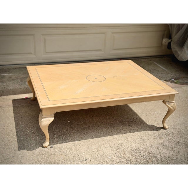 White Oversized Vintage Pickled Cherry Inlaid Coffee Table With Cabriole Legs For Sale - Image 8 of 11