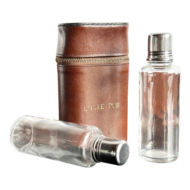 Vintage 1950's 'Little Pub' Glass & Chrome Travel Flask Set in Case For Sale