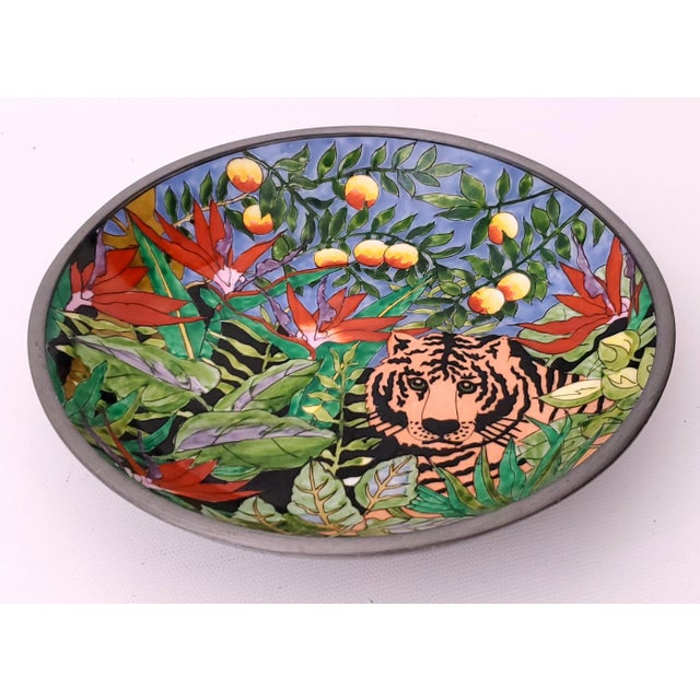 Chinese Vintage Neiman Marcus Chinese Porcelain Tiger Floral Bowl With Pewter Trim For Sale - Image 3 of 10