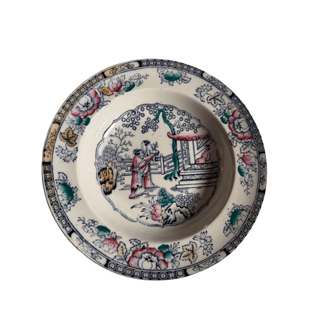 Quantity of 3. Antique Hope And Carter (H&C) Tea House Pattern Hand Painted Garden Scene Rimmed Soup Bowls. The plate was...