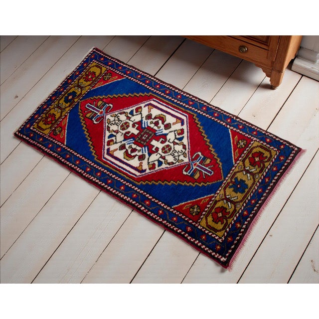 Textile 1970s Hand Knotted Small Turkish Rug Mini Rug Mat, Floor Decor - 1'10" X 3'5" For Sale - Image 7 of 14