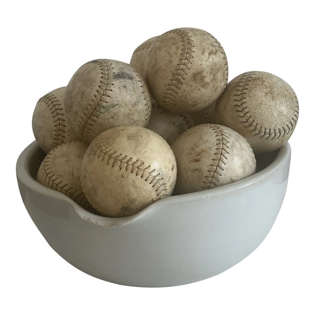 1930s Large Vintage Stoneware Spouted Bowl With 15 Vintage Softballs For Sale