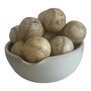 1930s Large Vintage Stoneware Spouted Bowl With 15 Vintage Softballs