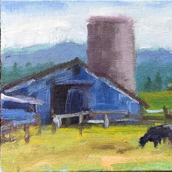 Petaluma Blue Barn & Cow Oil Painting For Sale - Image 9 of 10