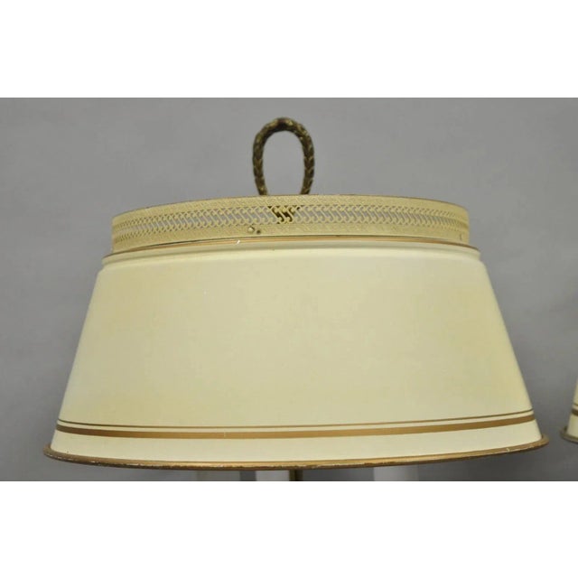 Vintage French Country Tole Metal Shade Brass Column Candelabra Table Lamps Pair For Sale In Philadelphia - Image 6 of 16
