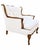 Elegant vintage French Provincial lounge chair attributed to Bassett Furniture, featuring a dramatic scalloped high back,...