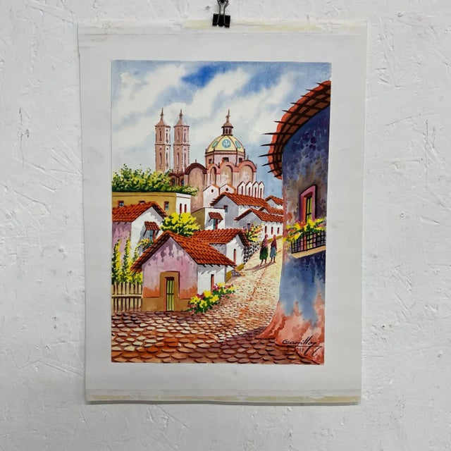 Blue 1997 Vintage Art Original Watercolor Cobblestone Village #1 by Carrillo For Sale - Image 8 of 8