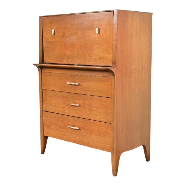 John Van Koert for Drexel Profile Mid-Century Modern Sculpted Walnut Highboy Dresser, 1959 For Sale