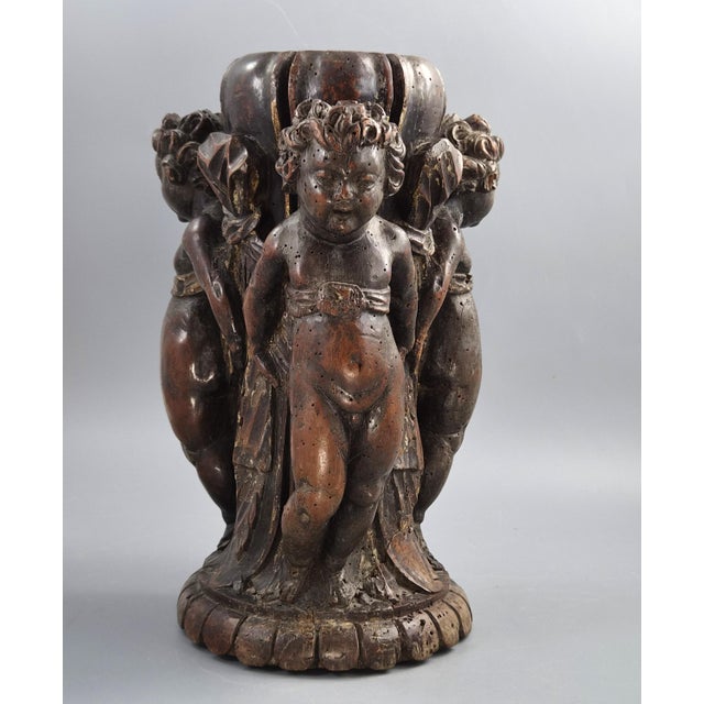 18th Century Baroque Italian Carved Walnut Torchiere Base with Three Putti For Sale - Image 5 of 16
