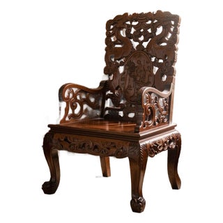 Late 19th Century Antique Chinoiserie Hand-Carved Rosewood Dragon Throne Chair With Owl Feet, Circa 1900 For Sale