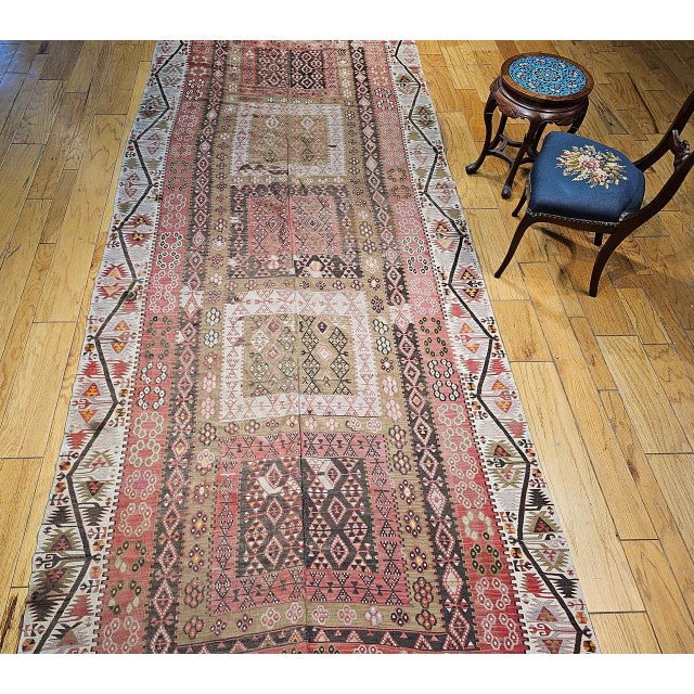 Vintage Anatolian Turkish Kilim Gallery Rug, Flat-Woven Geometric Pattern, Brick Red & Ivory, 6x14 For Sale - Image 14 of 15