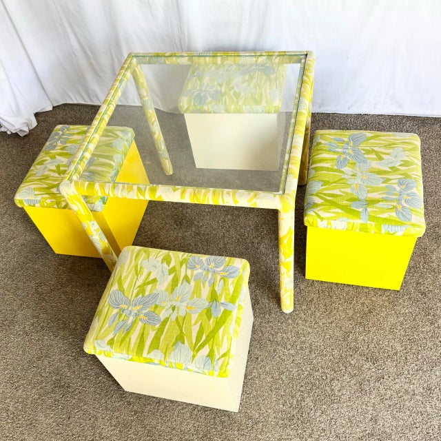 This vibrant Boho Regency 5-piece set features a glass-top table and four coordinating stools in glossy yellow and ivory...