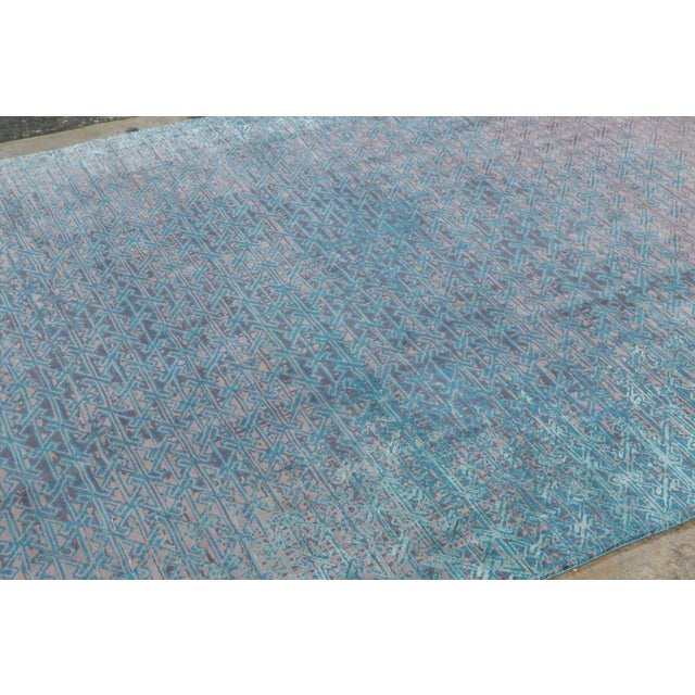 Rug & Kilim Rug & Kilim’s Distressed Contemporary Rug With Greek Key Lattice in Blue Hues For Sale - Image 4 of 10