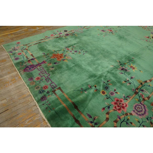 Outstanding Jade-Green Background Color With Details of Purple Flowers Vases in a Floral Design Chinese Art Deco Rug For Sale - Image 13 of 15