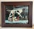 Unique, antique, reverse painted on glass painting of a hunting dog, spaniel, in front of a church. Glass is secured in an...