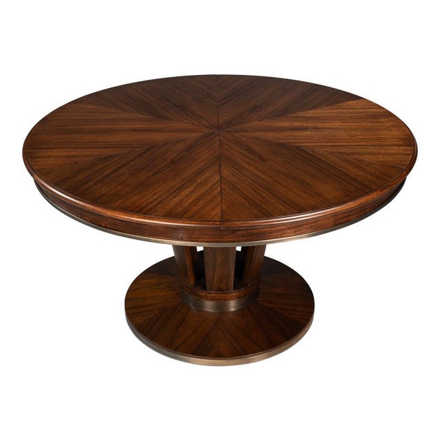 Wood Contemporary Round Jupe Dining Table, Medium – Brown Oak with Stainless Steel Trim For Sale - Image 7 of 11