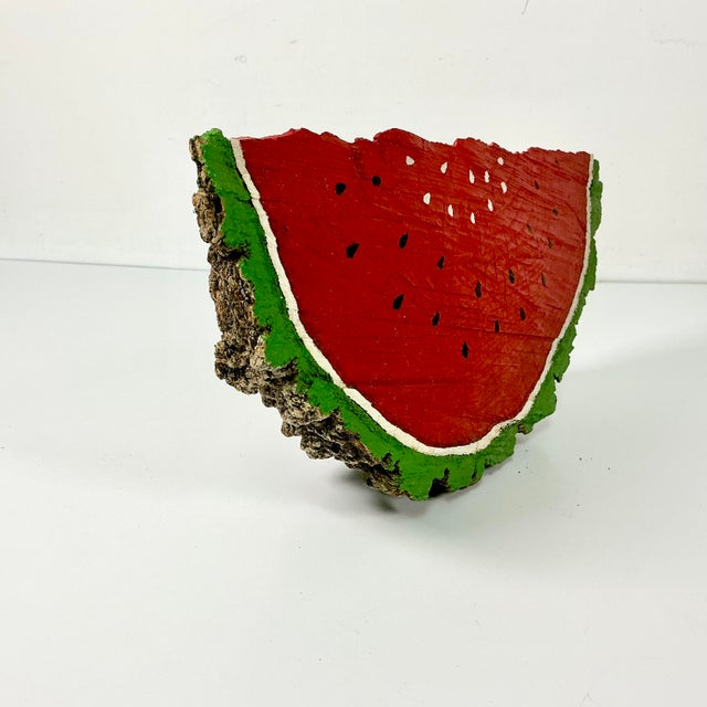Vintage Folk Art Boho Chic Arts & Crafts Elm Wedge Watermelon Sculpture, Hand Carved, Painted For Sale - Image 4 of 12