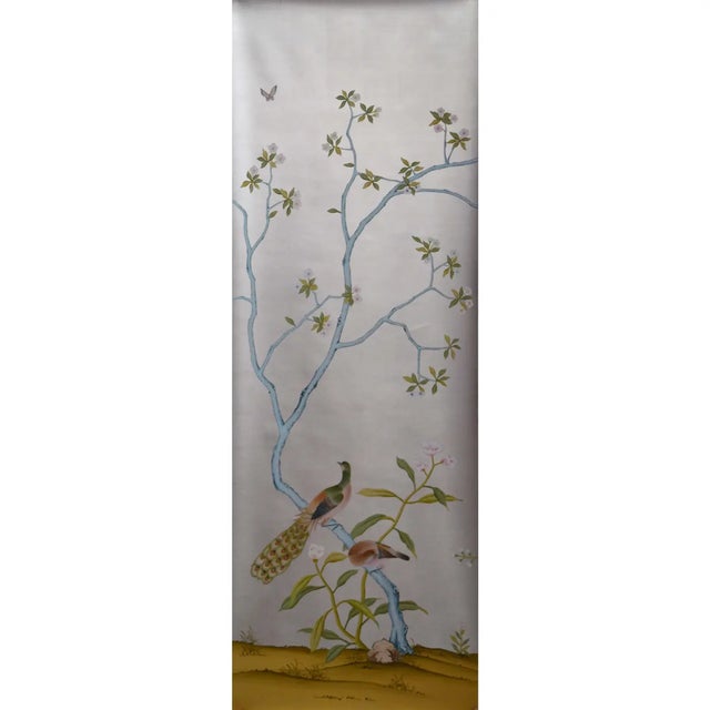 A graceful set of five hand-painted Chinoiserie wallpaper panels featuring delicate botanical branches, birds and...