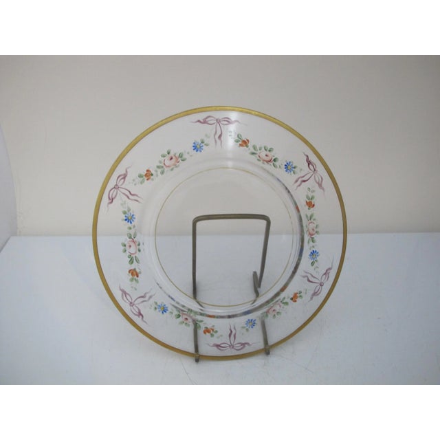 Early 20th Century Vintage Hand Painted Colorful Flower & Ribbon Halo Gold Trim 8 1/2" Glass Plate For Sale - Image 5 of 6
