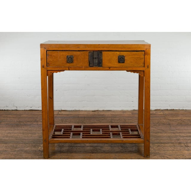 19th Century Chinese Qing Dynasty Period Console Table with Two Drawers and Fretwork Shelf For Sale - Image 5 of 13