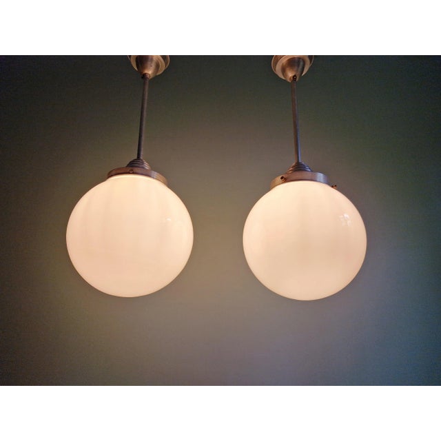 Large Art Deco Pendant Lights in White Opaline, 1930s, Set of 2 For Sale - Image 4 of 13