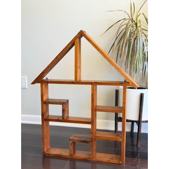 Mid-Century Modern Antique Handmade Solid Wood House Shelf – Rustic Trinket Display Curio Wall Shelf For Sale - Image 3 of 12