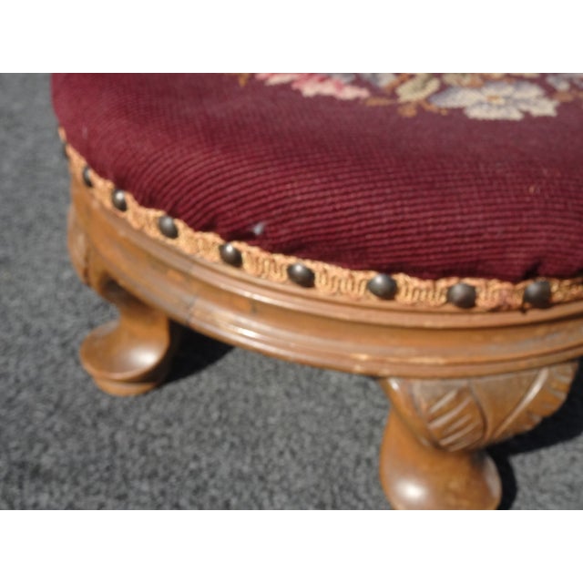 Footstool ~ Vintage French Country Burgundy Floral Round Needlepoint Footstool#2 For Sale - Image 15 of 16