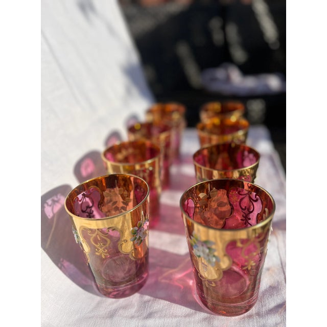 Pink Vintage Bohemian Cranberry & Gold Enamel Tumblers – Set of 8 For Sale - Image 8 of 12